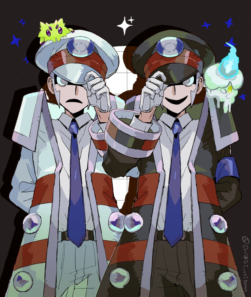 2boys, adjusting_clothes, adjusting_headwear, belt, black_coat, black_pants, blue_necktie, brothers, coat, collared_shirt, emmet_(pokemon), frown, gloves, grey_eyes, grey_hair, hat, highres, ingo_(pokemon), joltik, litwick, long_sideburns, long_sleeves, male_focus, multicolored_coat, multiple_boys, necktie, onigiri_niban, pants, peaked_cap, pokemon, pokemon_bw, red_coat, shirt, shirt_tucked_in, siblings, sideburns, simple_background, smile, sparkle, twins, twitter_username, two-tone_coat, white_coat, white_gloves, white_pants, white_shirt