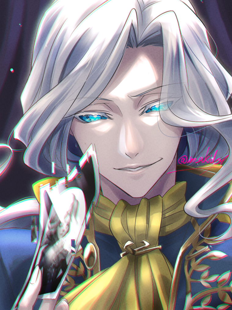 1boy, ascot, blue_eyes, colored_eyelashes, commentary_request, holding, identity_v, joseph_desaulniers