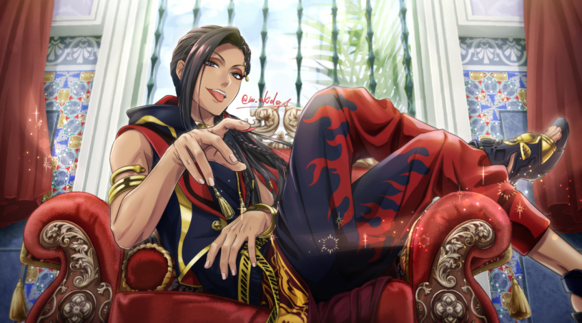 1boy, armchair, baggy_pants, black_hair, blue_eyes, braid, chair, commentary_request