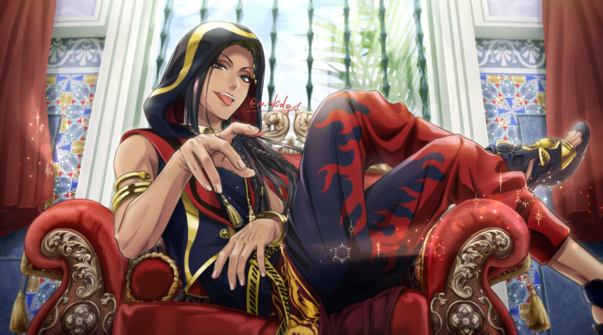 1boy, armchair, baggy_pants, black_hair, blue_eyes, braid, chair, commentary_request