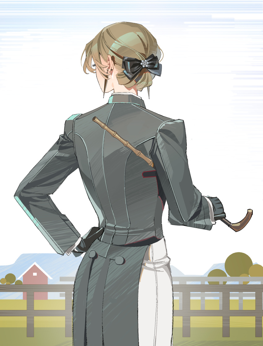 1girl, absurdres, black_bow, black_gloves, bow, braid, brown_hair, cane, coat, cowboy_shot, degrees_of_lewdity, earrings, from_behind, gloves, grey_coat, hair_bow, highres, holding, holding_cane, jewelry, long_sleeves, lou_xiaotiao, outdoors, pants, remy_(degrees_of_lewdity), short_hair, solo, white_background, white_pants