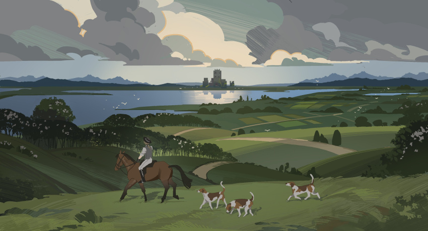 1boy, black_hat, bush, castle, clouds, degrees_of_lewdity, dog, england, grey_vest, hat, highres, horse, horseback_riding, lake, lou_xiaotiao, male_focus, no_lineart, pants, plain, remy_(degrees_of_lewdity), riding, ruins, scenery, solo, tree, vest, white_pants, wide_shot