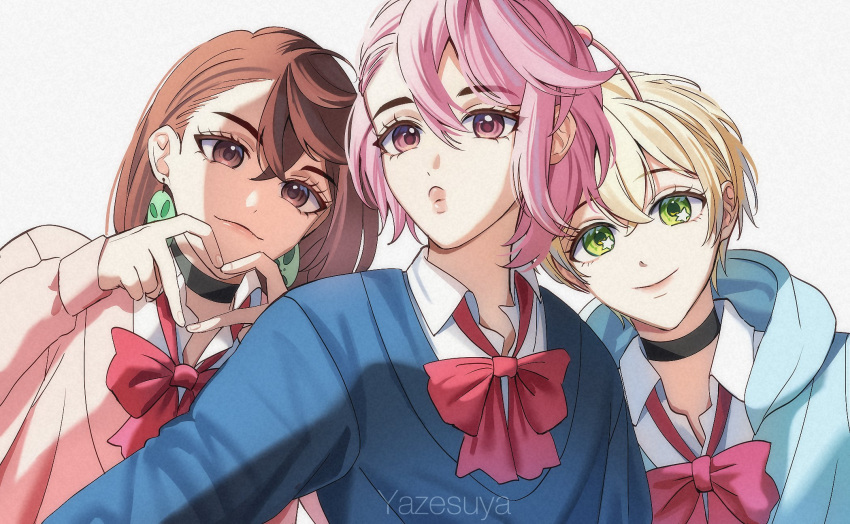 3girls, artist_name, ayase_momo, bamora_(dandadan), black_choker, blonde_hair, blue_sweater, bow