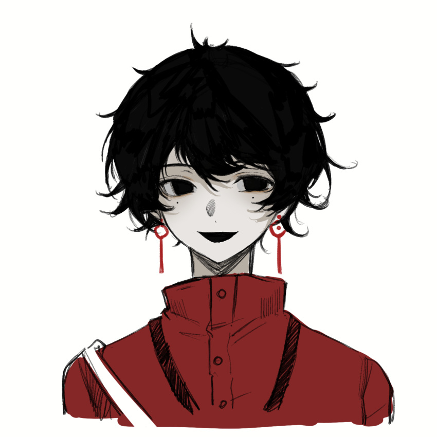 1boy, black_eyes, black_hair, chinese_commentary, commentary_request, earrings, high_collar, highres, jacket, jewelry, jiezhongyinaifan, li_yuting_(male), male_focus, mole, mole_under_each_eye, mole_under_eye, multiple_moles, open_mouth, portrait, red_jacket, short_hair, simple_background, smile, solo, touqi_guaitan, white_background