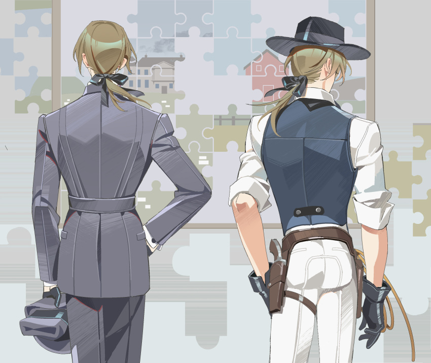 1boy, absurdres, black_gloves, black_ribbon, blue_vest, brown_hair, collared_shirt, commentary