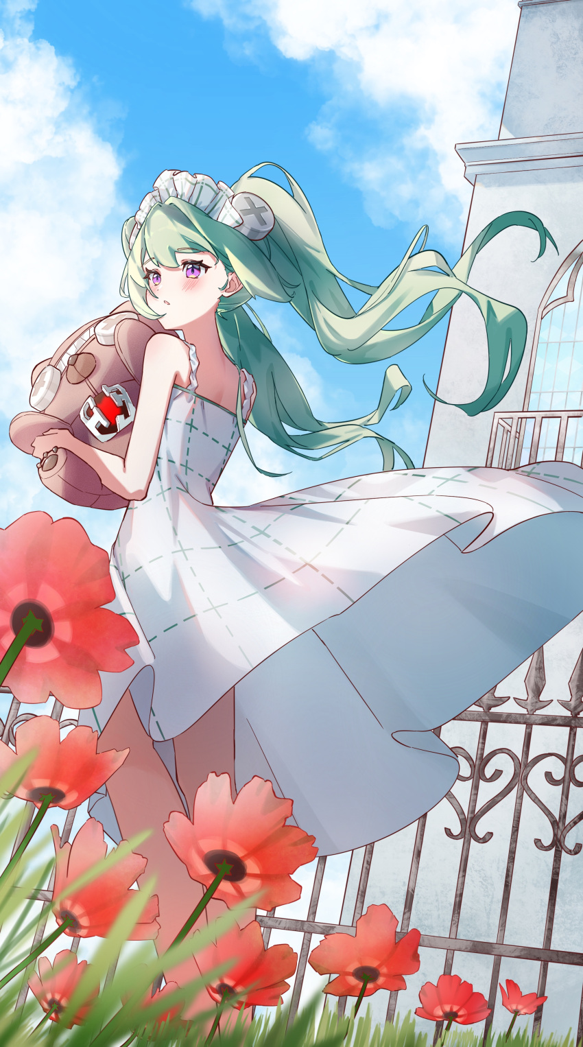 1girl, absurdres, aichry, alternate_costume, back, bare_arms, bare_legs, blue_sky