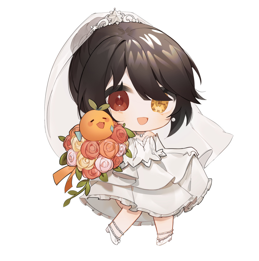 1girl, :d, bead_anklet, borrowed_character, bouquet, bow, bridal_veil, brown_hair