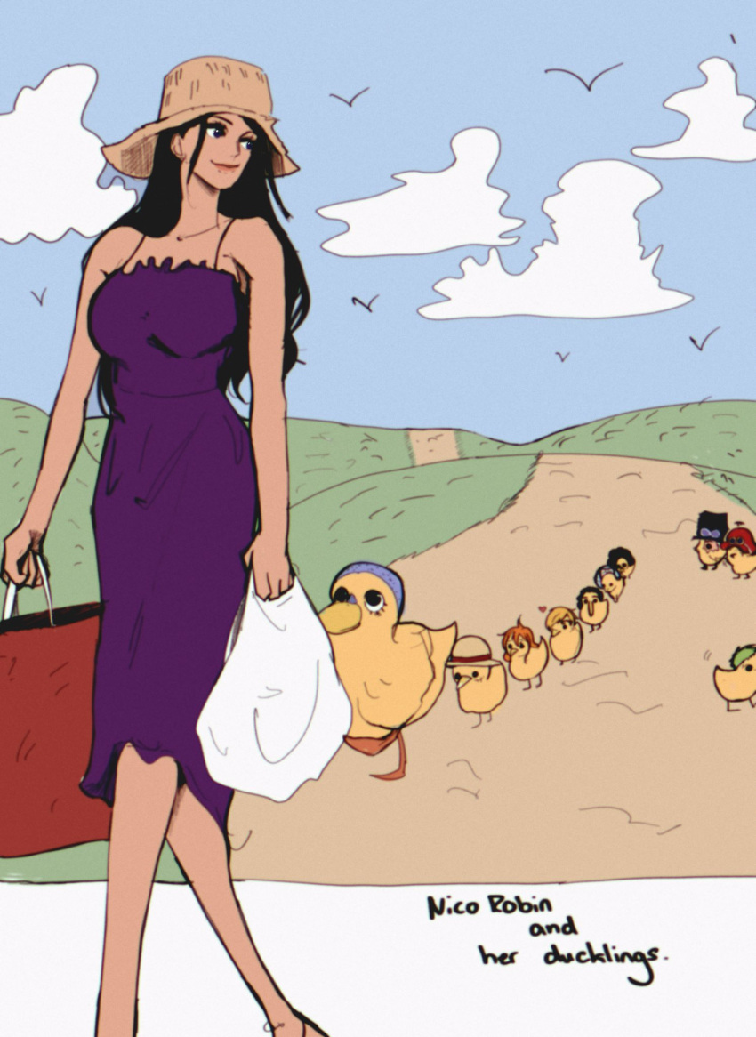 1girl, animal, bag, bird, black_hair, blonde_hair, brook_(one_piece), character_name, closed_mouth, clouds, dr000mi, dress, duck, franky_(one_piece), green_hair, hat, highres, holding, holding_bag, koala_(one_piece), long_hair, long_nose, monkey_d._luffy, nami_(one_piece), nico_robin, one_piece, orange_hair, purple_dress, roronoa_zoro, sabo_(one_piece), sanji_(one_piece), sky, straw_hat, tony_tony_chopper, usopp, walking