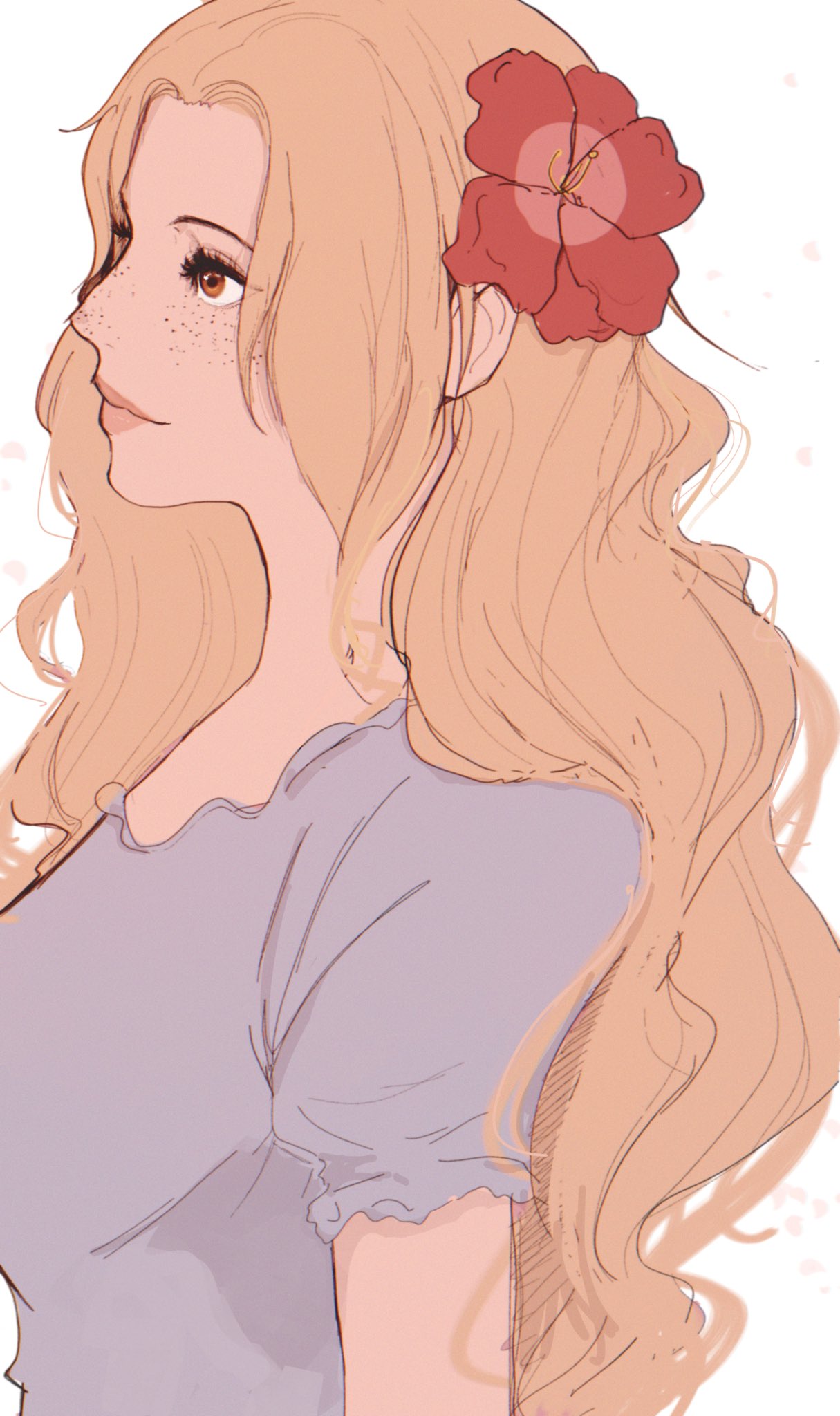 1girl, blonde_hair, closed_mouth, commentary, dr000mi, dress, flower, freckles