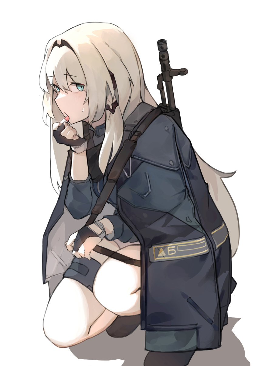 1girl, absurdres, an-94, an-94_(girls'_frontline), applying_makeup, assault_rifle, belt, black_footwear, blonde_hair, blue_eyes, coteri, cyrillic, fingerless_gloves, girls_frontline, gloves, gun, gun_sling, hairband, highres, jacket, lipstick, long_hair, long_sleeves, looking_at_viewer, makeup, open_clothes, open_jacket, rifle, shadow, sidelocks, solo, squatting, sweatdrop, thigh_belt, thigh_strap, weapon, white_background