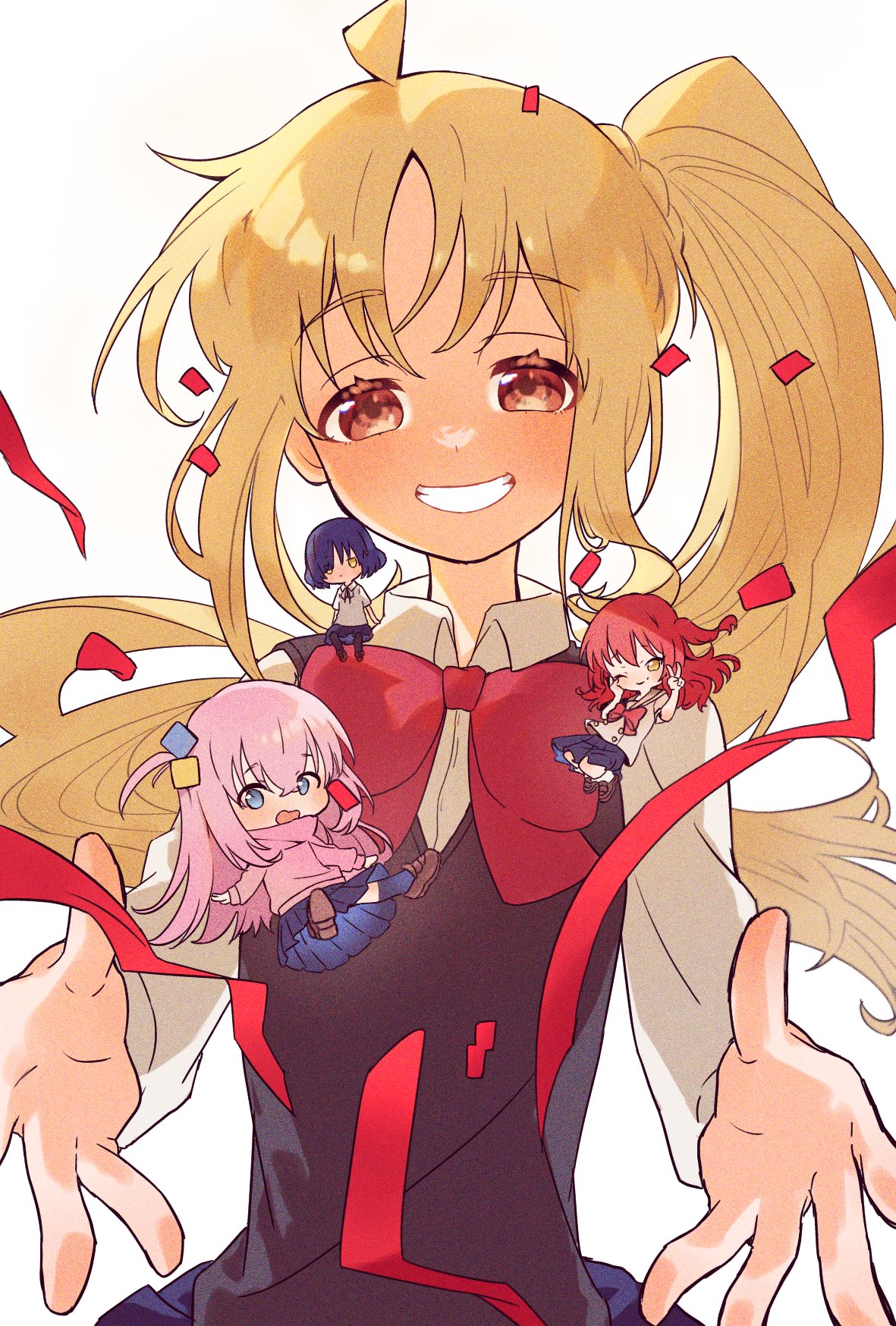 4girls, ahoge, bare_arms, black_pantyhose, black_socks, black_vest, blonde_hair, blue_eyes