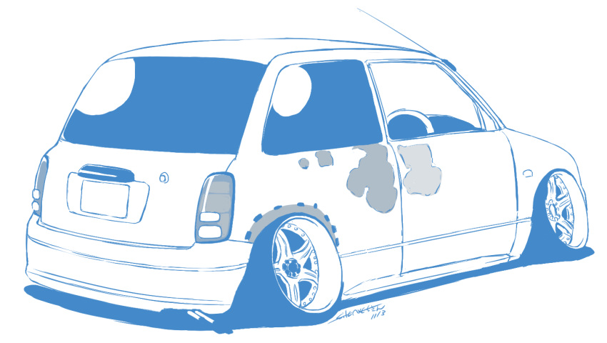 blue_theme, car, daihatsu, daihatsu_mira, from_side, monochrome, motor_vehicle, no_humans