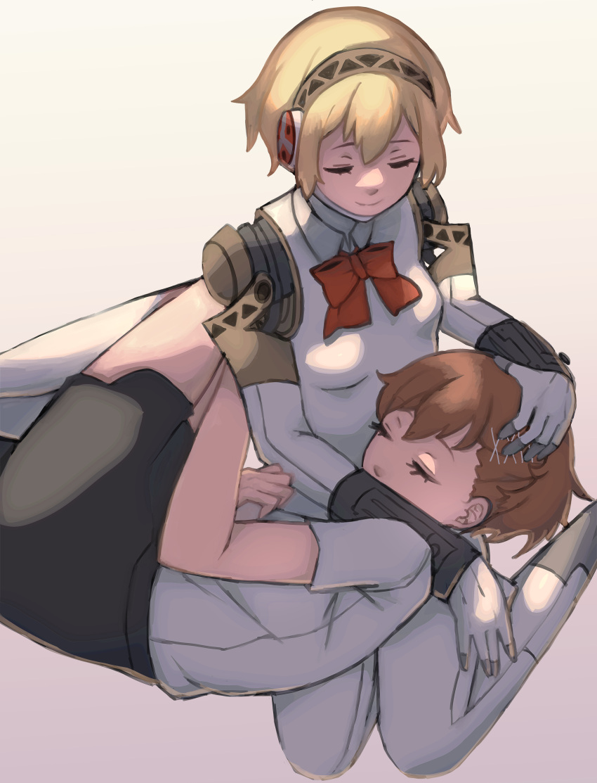 2girls, absurdres, aegis_(persona), android, blonde_hair, bow, bowtie, breasts