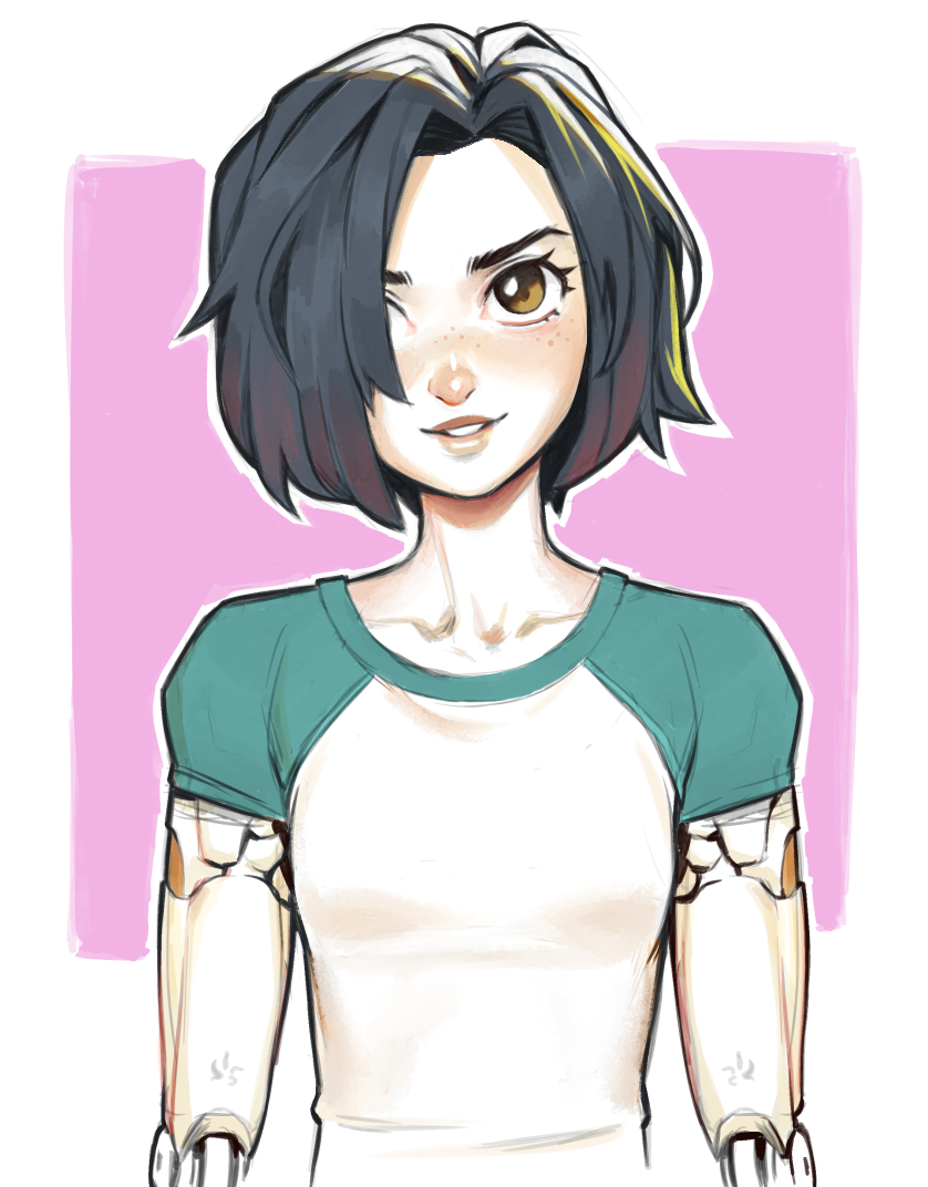 alita, battle_angel_alita, black_hair, blush, bob_cut, border, breasts, brown_eyes