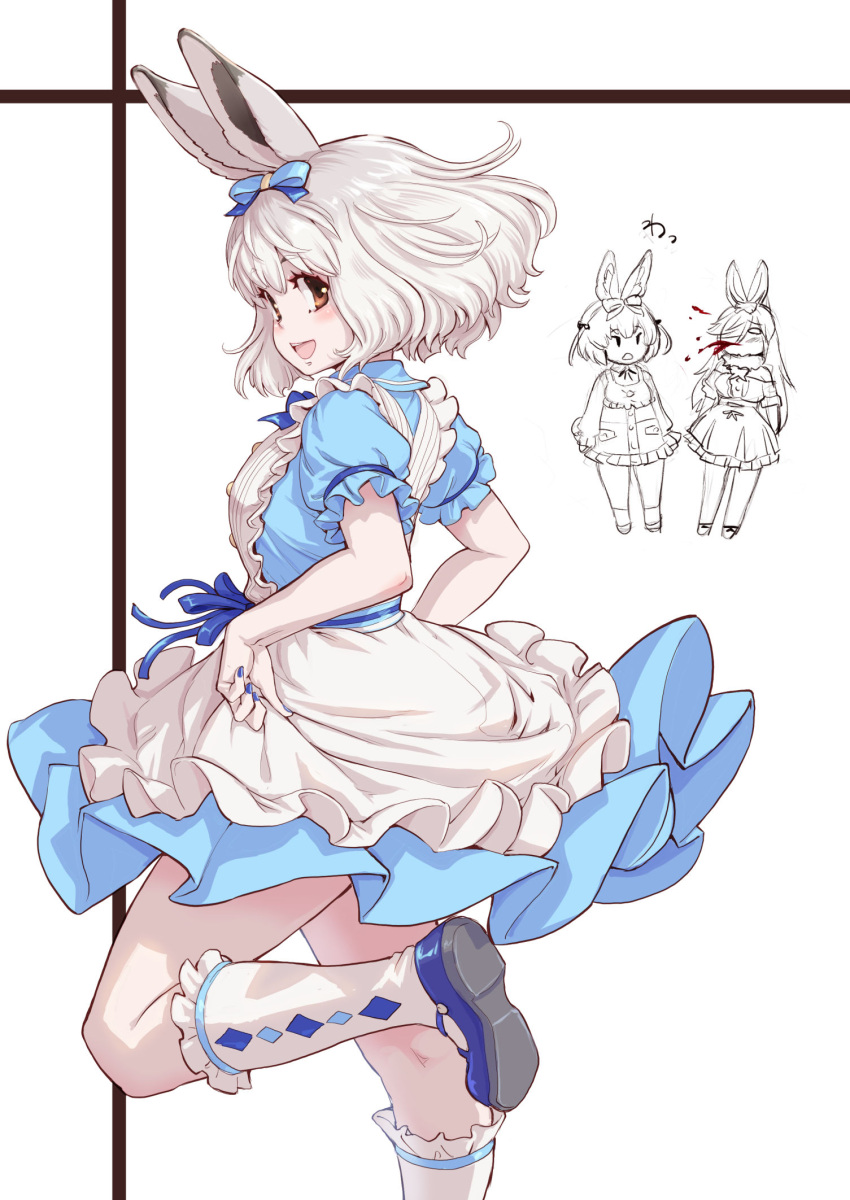 3girls, animal_ears, apron, blood, blue_bow, blue_bowtie, blue_dress, blue_footwear, blue_nails, blush, bow, bowtie, collared_dress, domestic_rabbit_(kemono_friends), dress, european_hare_(kemono_friends), frilled_apron, frilled_dress, frilled_sleeves, frilled_socks, frills, hair_bow, highres, kemono_friends, kemono_friends_3, kosai_takayuki, looking_at_viewer, mary_janes, mountain_hare_(kemono_friends), multiple_girls, nail_polish, nosebleed, official_alternate_costume, open_mouth, orange_eyes, puffy_short_sleeves, puffy_sleeves, rabbit_ears, rabbit_girl, rabbit_tail, shoes, short_sleeves, sidelocks, smile, socks, standing, standing_on_one_leg, tail, two-tone_dress, white_apron, white_hair, white_socks
