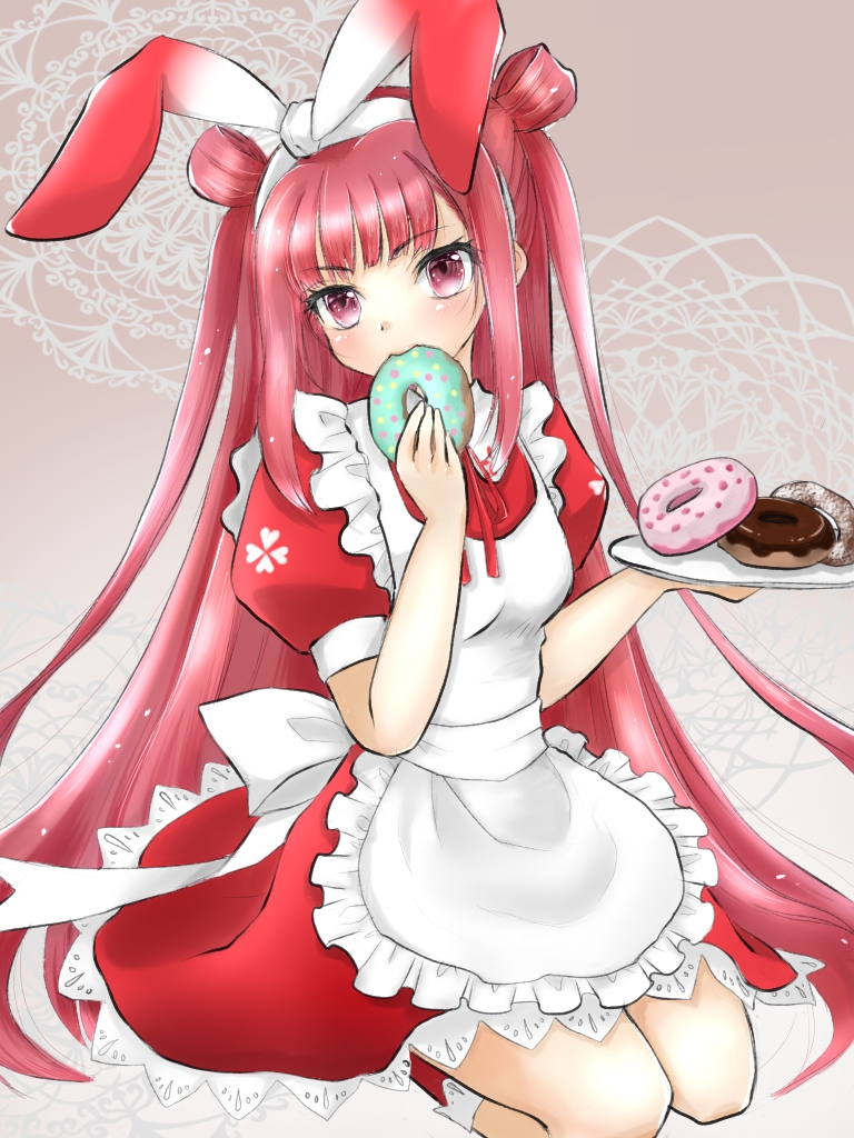 1girl, beatmania, doughnut, food, long_hair, red, red_bow, red_dress