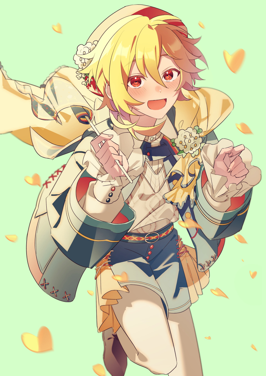 1boy, :d, absurdres, argyle_clothes, argyle_sweater, belt, beret, bishounen