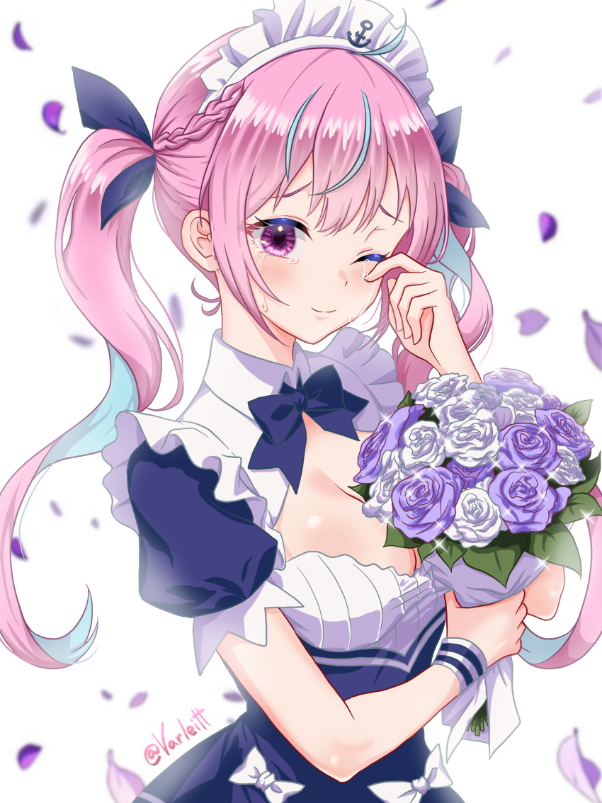 1girl, absurdres, ahoge, blue_dress, blue_hair, blue_ribbon, blush, bouquet
