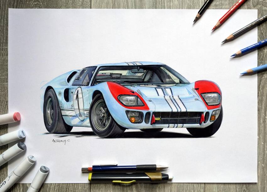 absurdres, anthony-c, art_tools_in_frame, artist_name, blue_car, car, colored_pencil_(medium), english_commentary