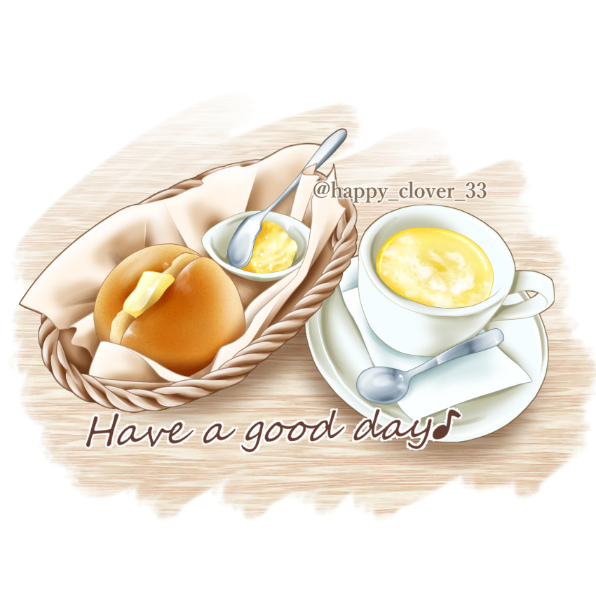 basket, bread, butter, cup, english_text, food, food_focus, happy_clover_3