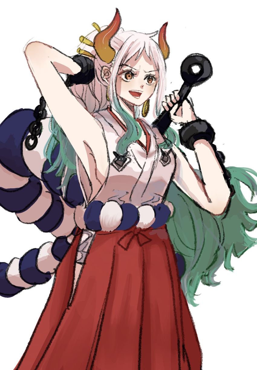 1girl, club_(weapon), commentary_request, cowboy_shot, cuffs, earrings, green_hair, hair_ornament