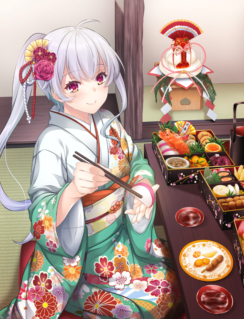 1girl, absurdres, ahoge, chopsticks, ende_(fantasia_re:build), fantasia_re:build, fish_(food), floral_print