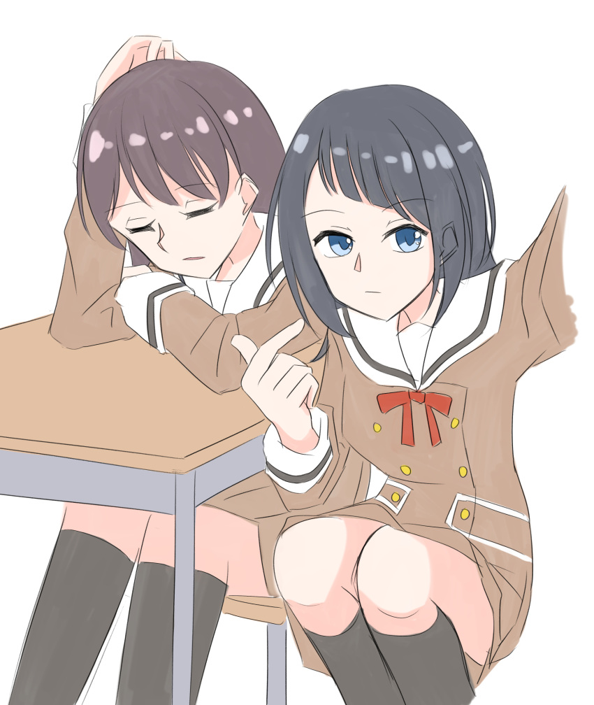 2girls, bang_dream!, bang_dream!_it's_mygo!!!!!, black_hair, black_socks, blue_eyes, brown_dress, brown_hair