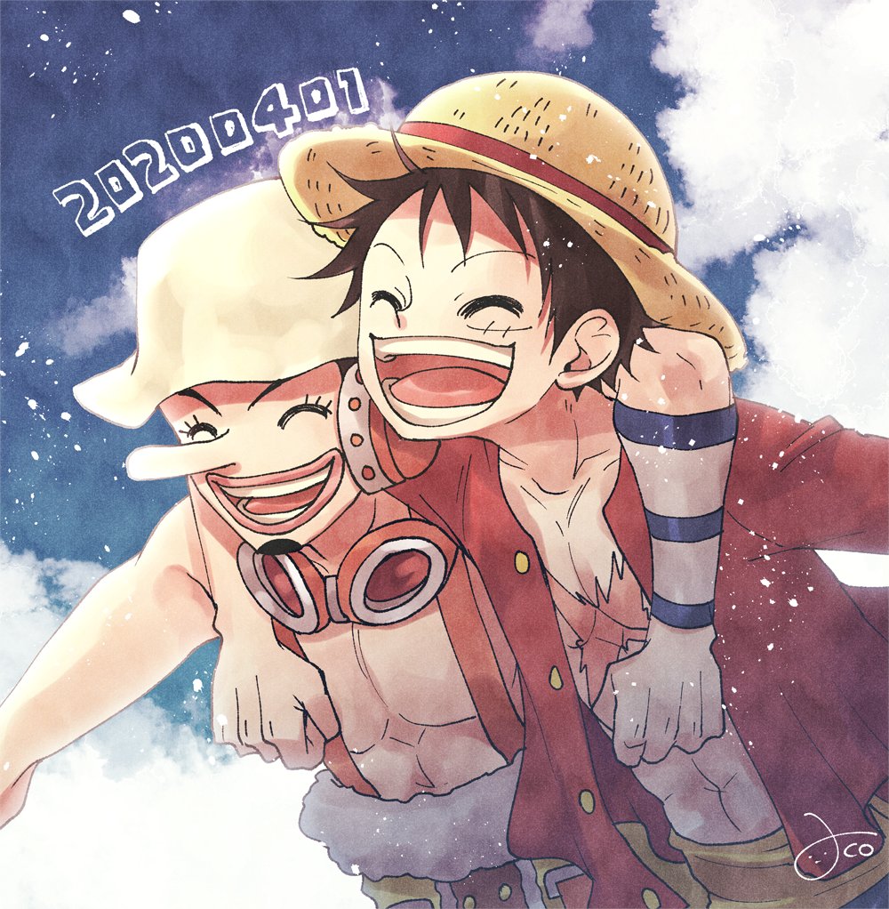 2boys, ^_^, aco_peda, black_hair, closed_eyes, commentary_request, dated, facial_hair