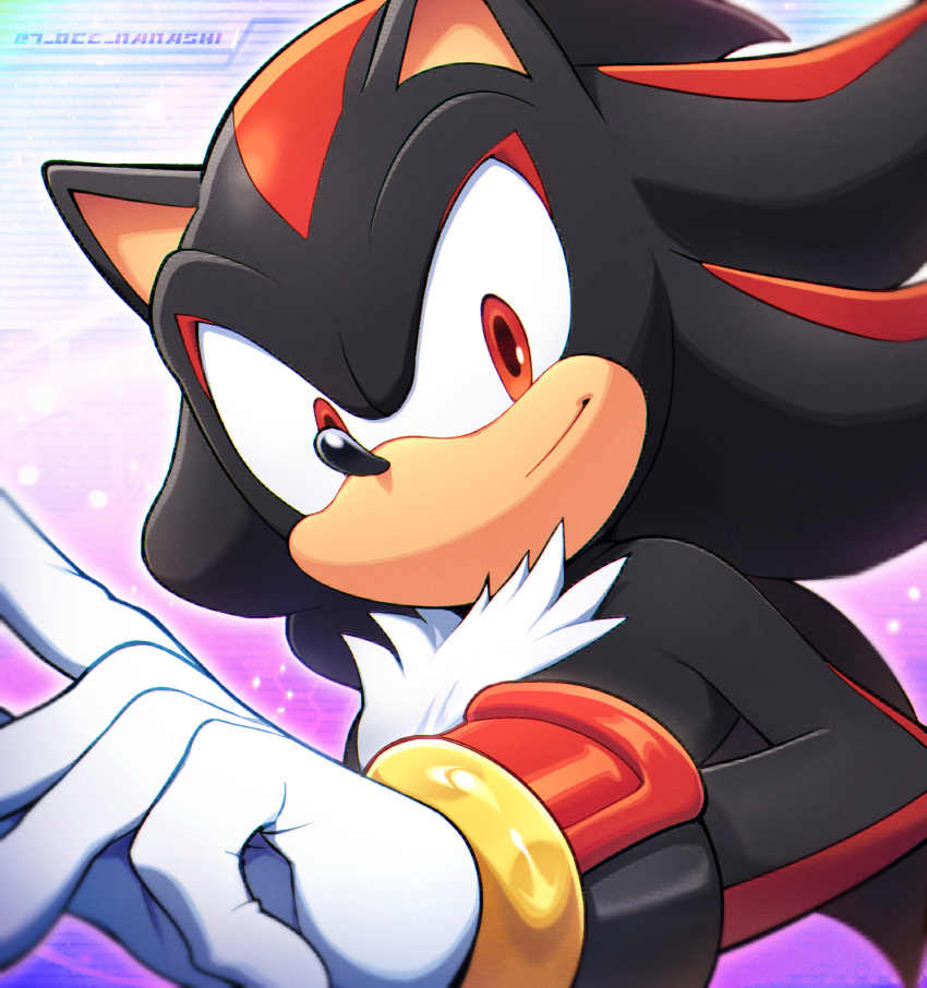 1boy, animal_ears, animal_nose, closed_mouth, commentary_request, furry, furry_male, gloves, highres, looking_at_viewer, male_focus, red_eyes, shadow_the_hedgehog, show_chiku-by, solo, sonic_(series), upper_body, white_gloves