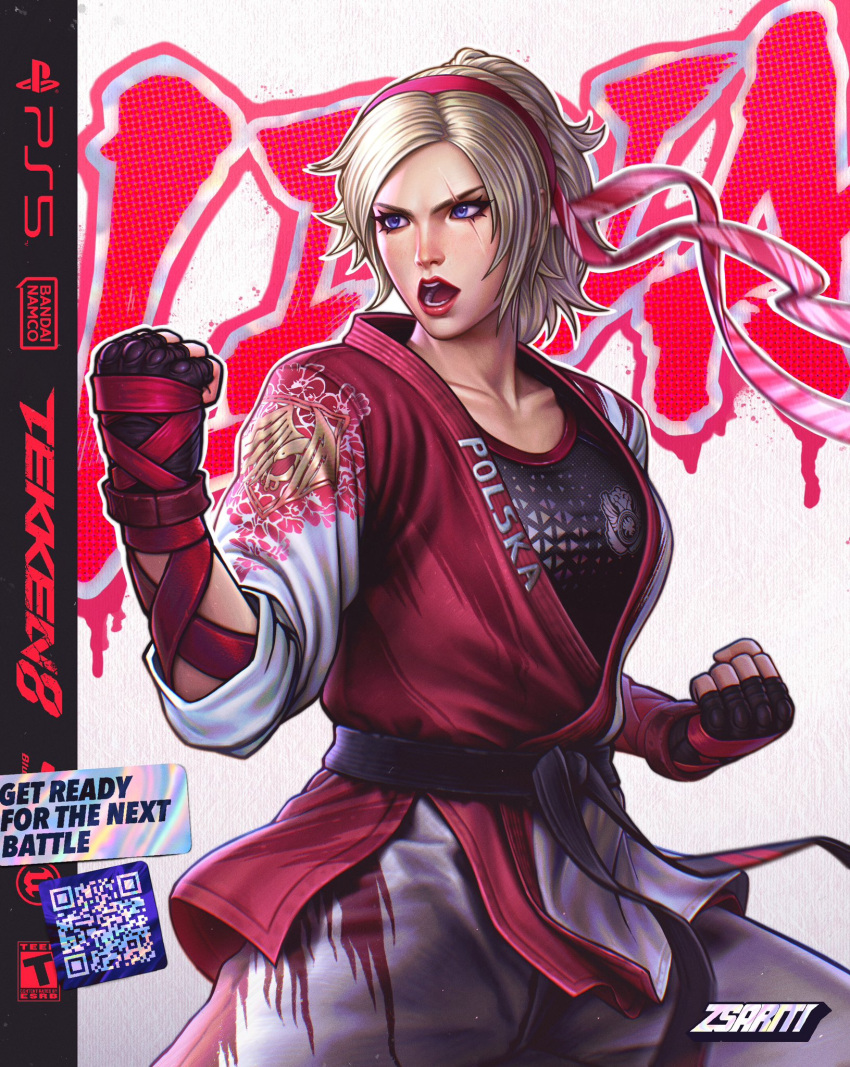 1girl, artist_name, belt, black_belt, black_gloves, blonde_hair, blue_eyes, character_name, cover, dougi, fingerless_gloves, gloves, hairband, headband, highres, karate, karate_gi, lidia_sobieska, open_mouth, polish_text, ponytail, red_hairband, red_headband, red_lips, scar, scar_across_eye, scar_on_face, solo, studded_gloves, tekken, tekken_8, video_game_cover, zsariti