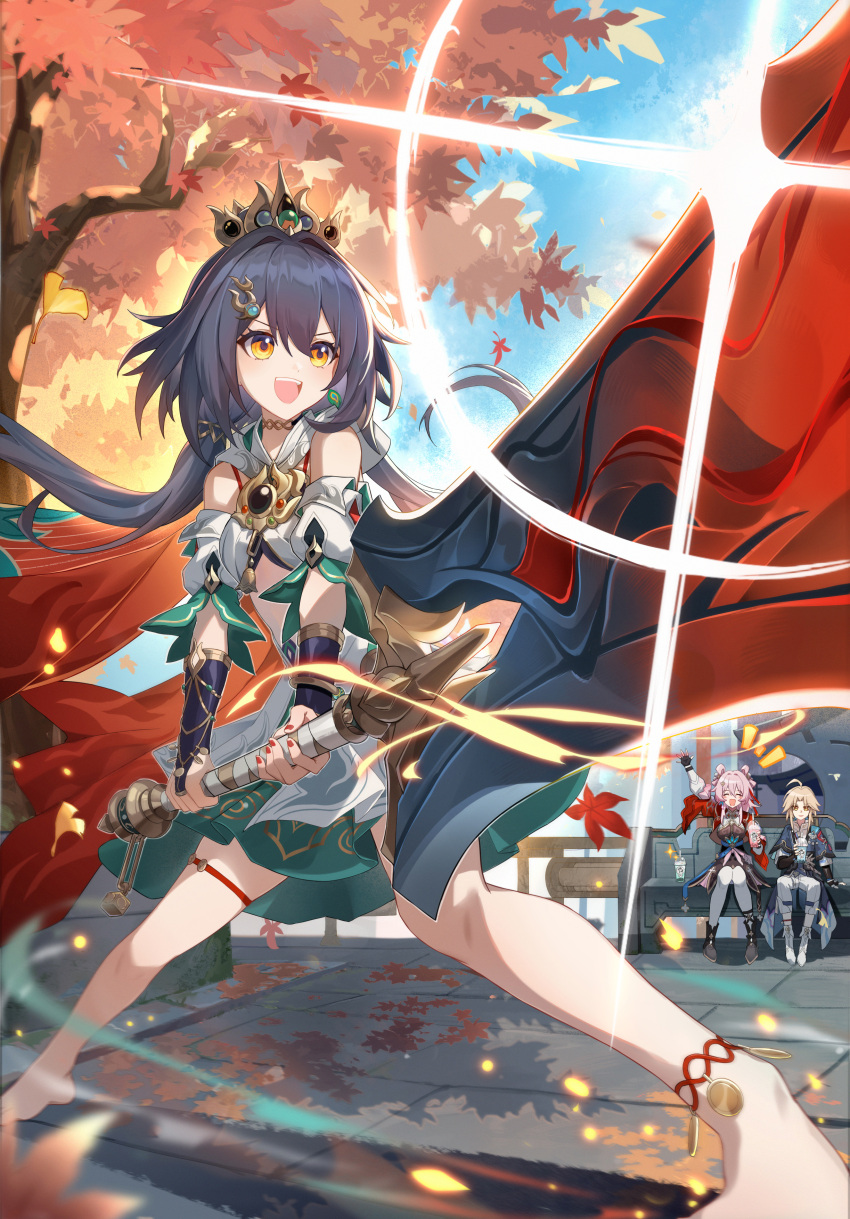 1boy, 2girls, absurdres, ahoge, anjilu, anklet, arm_up, autumn, autumn_leaves, bare_legs, bare_shoulders, barefoot, bench, blonde_hair, blue_sky, bridal_gauntlets, bubble_tea, china_dress, chinese_clothes, chinese_commentary, choker, closed_eyes, clouds, cloudy_sky, commentary, commentary_request, cup, detached_collar, detached_sleeves, disposable_cup, dress, earrings, fighting_stance, fire, floating, floating_hair, friends, grey_eyes, grey_hair, hair_between_eyes, hair_floating_upwards, hair_ornament, hairclip, headpiece, high_ponytail, highres, holding, holding_cup, holding_sword, holding_weapon, honkai:_star_rail, honkai_(series), huge_weapon, jewelry, light_blush, light_smile, long_hair, looking_to_the_side, low_twintails, march_7th_(honkai:_star_rail), march_7th_(hunt)_(honkai:_star_rail), multicolored_clothes, multicolored_eyes, multiple_girls, on_bench, open_mouth, orange_eyes, outdoors, parted_bangs, pendant, pink_hair, ponytail, red_nails, red_scarf, scarf, short_hair, short_sleeves, single_earring, sitting, sky, standing, stomach, sword, teeth, thighlet, tree, twintails, upper_teeth_only, weapon, yanqing_(honkai:_star_rail), yunli_(honkai:_star_rail)