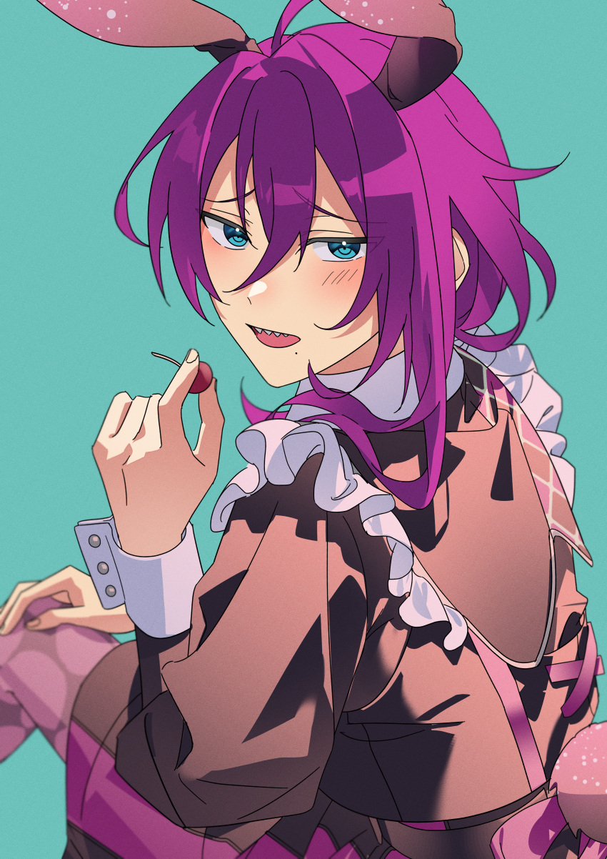 1boy, absurdres, animal_ears, aqua_background, aqua_eyes, ayase_mayoi, bishounen, black_shorts