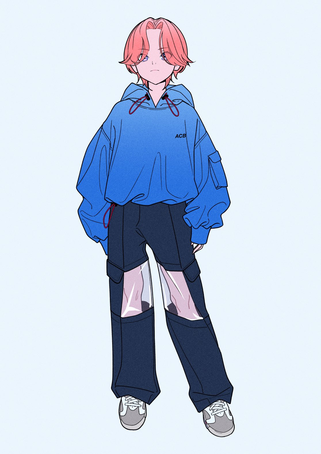 1girl, acubi_tomaranai, blue_hoodie, blue_pants, closed_mouth, full_body, grey_footwear, hair_over_breasts