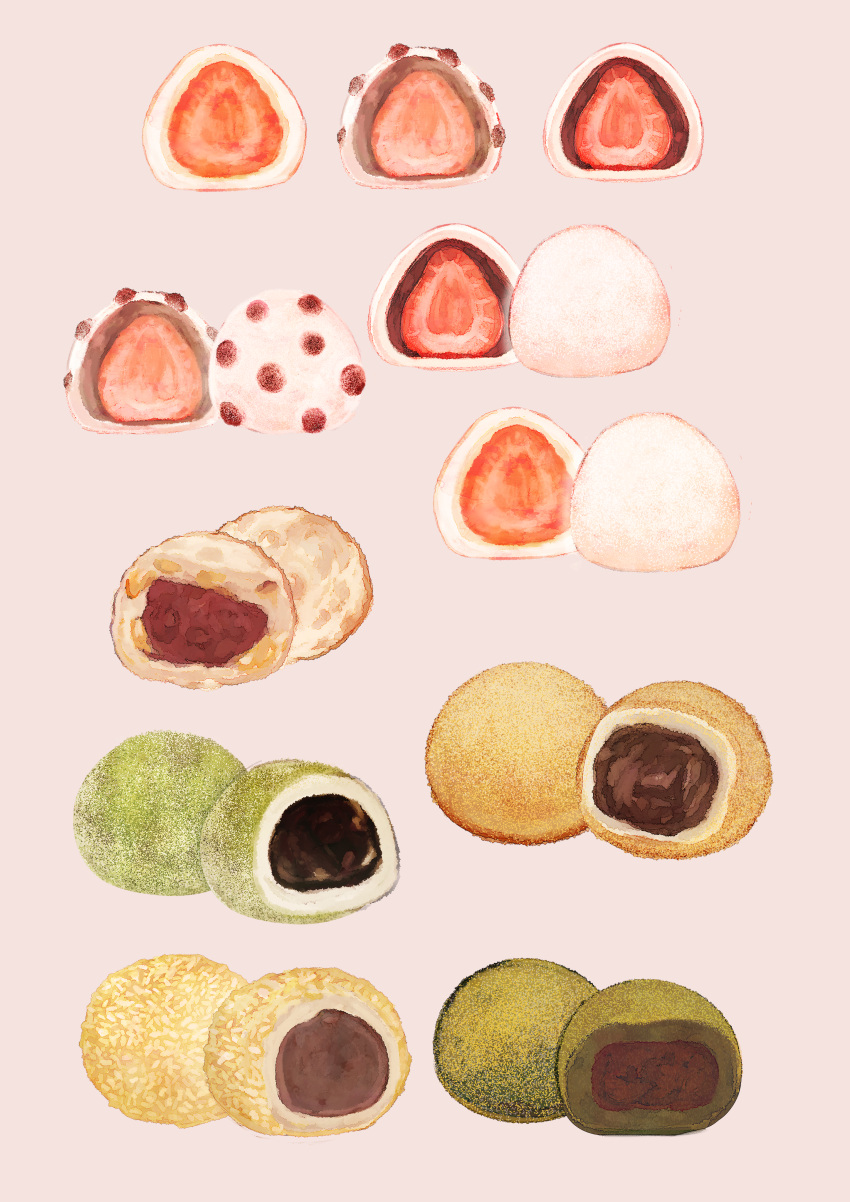 absurdres, commentary_request, daifuku, dezitarukinngyo, food, food_focus, fruit, highres, ichigo_daifuku, no_humans, original, purple_background, simple_background, still_life, strawberry, wagashi