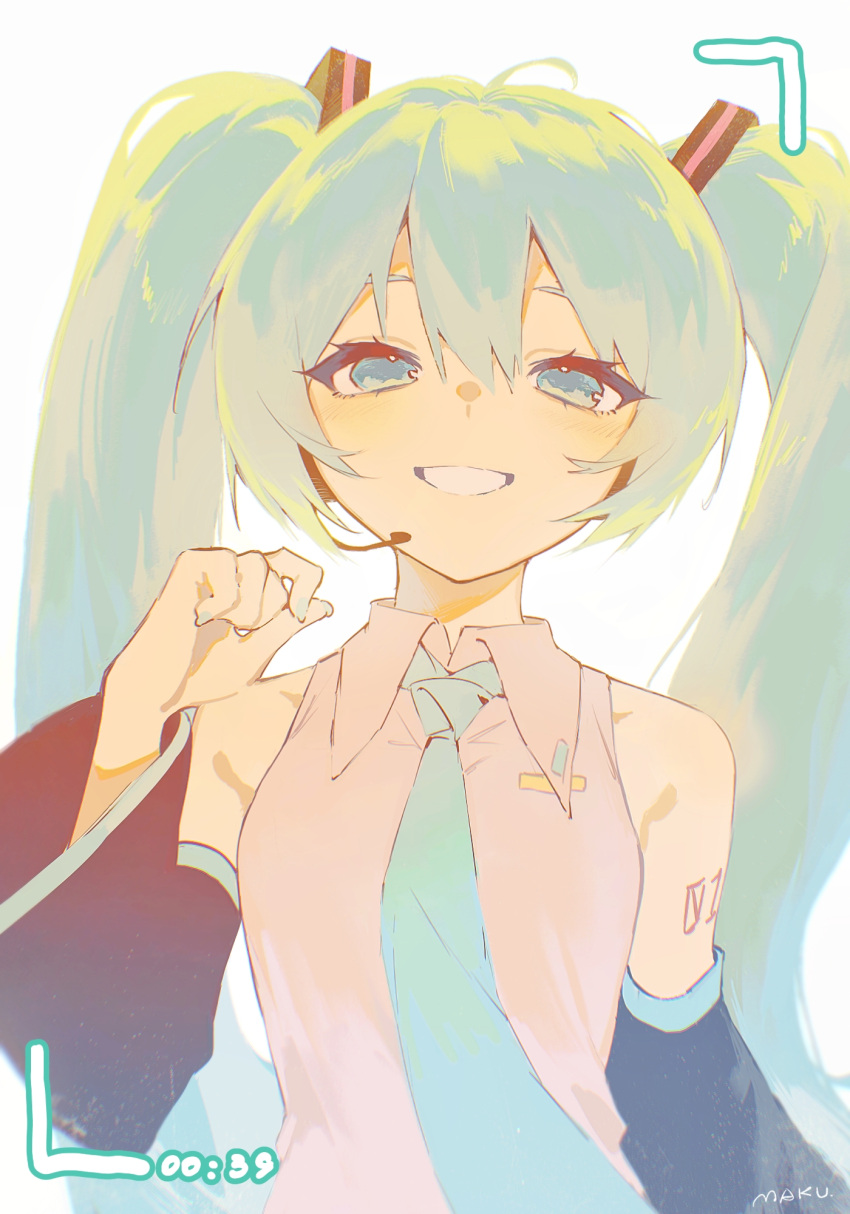 1girl, aqua_eyes, aqua_hair, aqua_nails, aqua_necktie, aqua_trim, arm_at_side, arm_tattoo, artist_name, bare_shoulders, black_sleeves, collared_shirt, commentary_request, detached_sleeves, grey_shirt, grin, hair_between_eyes, hair_ornament, hand_up, hatsune_miku, headset, highres, long_hair, looking_at_viewer, makucrp, nail_polish, necktie, number_tattoo, shirt, simple_background, sleeveless, sleeveless_shirt, smile, solo, tattoo, twintails, upper_body, viewfinder, vocaloid, white_background