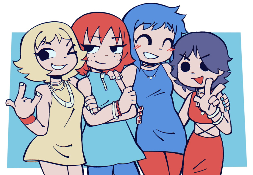 4girls, aqua_background, aqua_dress, aqua_nails, black_eyes, black_hair, blonde_hair, blue_hair, blue_pantyhose, blue_pepe, blush, border, closed_eyes, crossed_arms, dress, freckles, green_dress, hand_on_another's_shoulder, highres, holding_another's_arm, jewelry, kim_pine, knives_chau, lisa_miller, looking_at_viewer, multiple_girls, nail_polish, necklace, one_eye_closed, open_mouth, orange_hair, pantyhose, ramona_flowers, red_dress, red_nails, red_pantyhose, red_wristband, scott_pilgrim_(series), teeth, white_border, white_wristband, wristband, yellow_dress