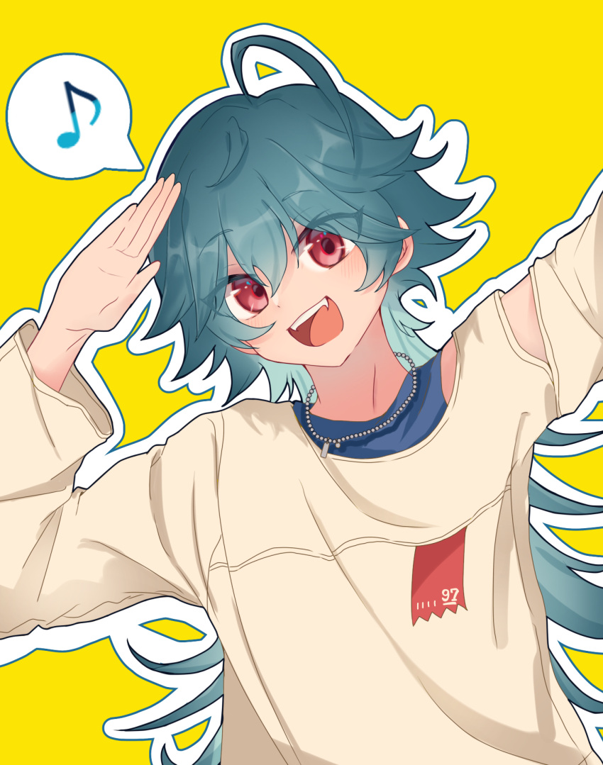 :d, ahoge, aqua_hair, arm_up, bishounen, black_shirt, clothing_cutout, double-parted_bangs, ensemble_stars!, eyes_visible_through_hair, fangs, feathered_hair, hair_between_eyes, hair_over_eyes, hand_up, happy, head_tilt, highres, hojo_raika, jewelry, koniro0202, long_hair, long_sleeves, male_focus, mullet, musical_note, necklace, open_hand, outline, raised_eyebrows, red_eyes, shirt, shoulder_cutout, simple_background, sleeveless, sleeveless_shirt, smile, solo, split_mouth, spoken_musical_note, sweater, teeth, upper_body, upper_teeth_only, white_outline, white_sweater, wide_sleeves, yellow_background
