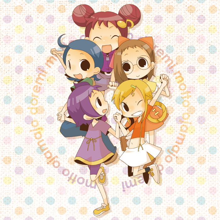 6+girls, ahoge, arm_up, asuka_momoko, bike_shorts_under_skirt, blonde_hair, blue_hair, bow