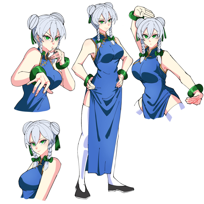 absurdres, blue_dress, china_dress, chinese_clothes, dress, fighting, fighting_stance, green_eyes