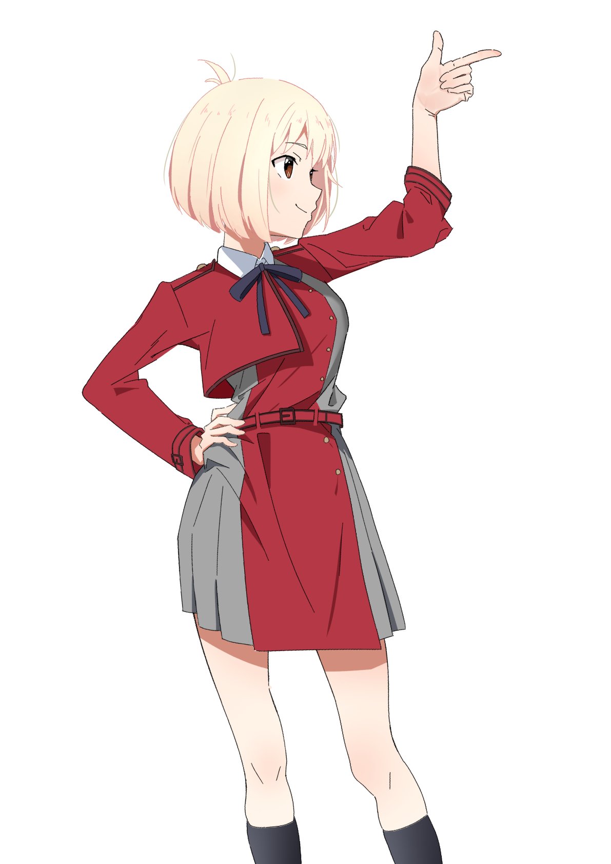 1girl, belt, black_socks, blonde_hair, blue_ribbon, bob_cut, breasts, brown_eyes, closed_mouth, dress, feet_out_of_frame, finger_gun, grey_dress, hair_ribbon, hand_on_own_hip, highres, long_sleeves, lycoris_recoil, lycoris_uniform, medium_breasts, neck_ribbon, nishikigi_chisato, pleated_dress, profile, red_belt, red_dress, ribbon, short_hair, simple_background, smile, socks, tsuchinomo, two-tone_dress, white_background