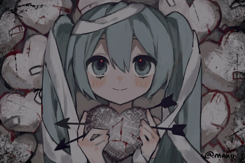 1girl, aqua_eyes, aqua_hair, arrow_(projectile), artist_name, bandages, bare_shoulders, blood, blush, chinese_commentary, closed_mouth, commentary_request, dark, hands_up, hatsune_miku, heart, highres, holding, holding_heart, long_hair, looking_up, makucrp, portrait, smile, solo, straight-on, twintails, vocaloid, white_happy_(vocaloid)