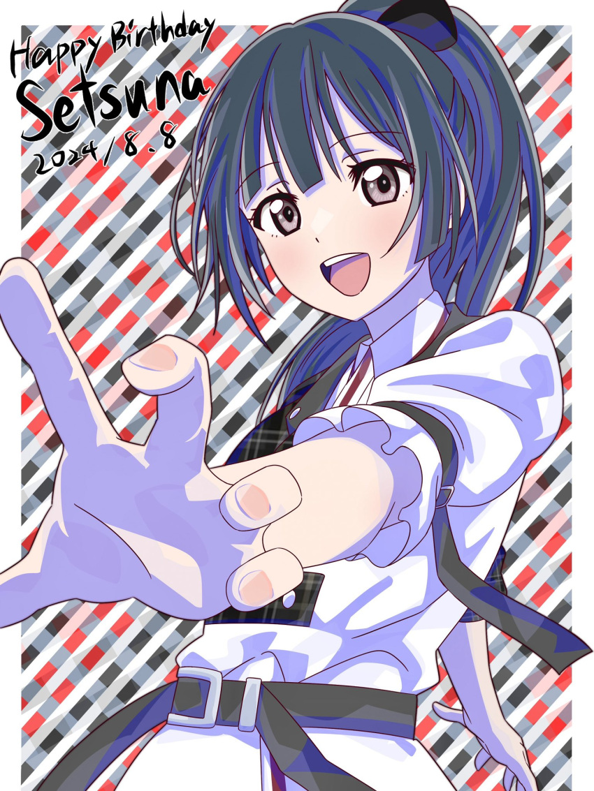 1girl, asymmetrical_clothes, belt, black_belt, black_hair, border, character_name, cherry_bomb_(love_live!)