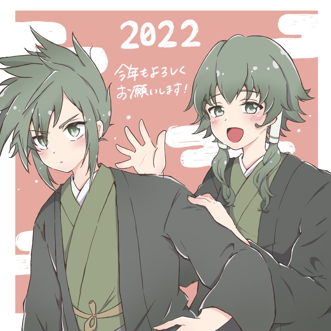 2boys, :d, alternate_costume, blush, border, closed_mouth, commentary_request, dated