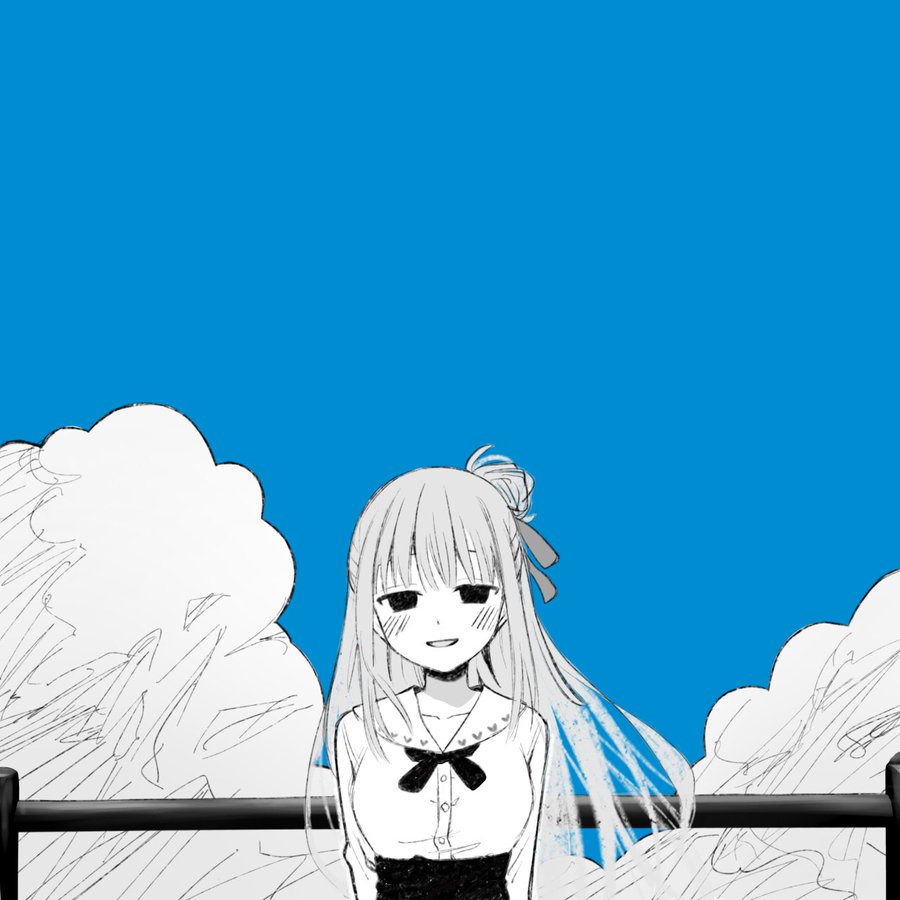 1girl, blue_background, blue_sky, blush, clouds, dress, fence, greyscale, hair_ribbon, long_hair, looking_at_viewer, monochrome, nukigee_mitai_na_shima_ni_sunderu_watashi_wa_dou_surya_ii_desu_ka?, okcizmhyqewgjxl, reizeiin_touka, ribbon, simple_background, sky, white_dress