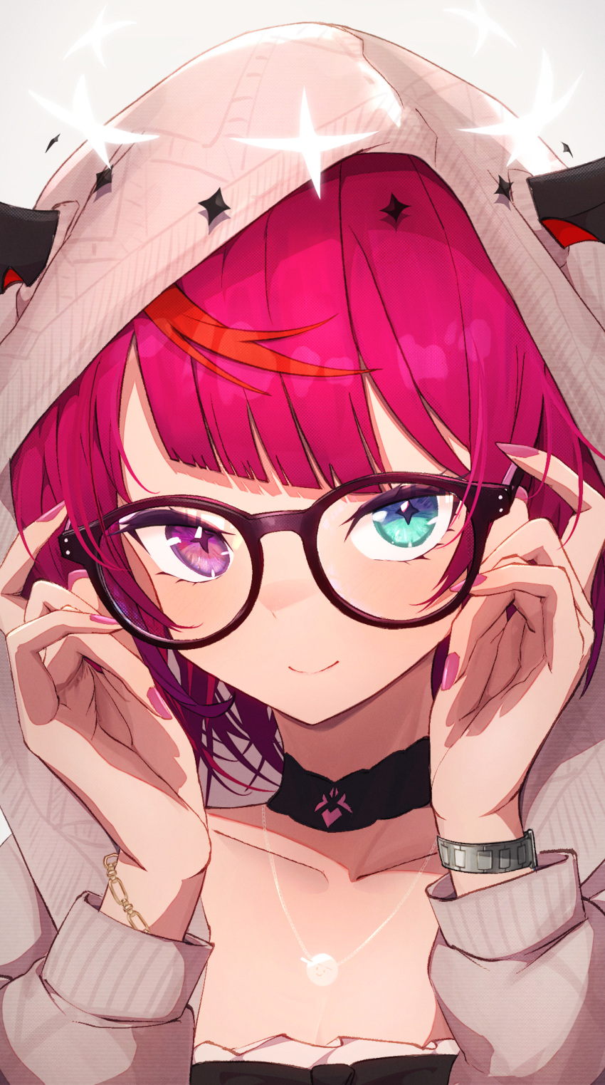 1girl, adjusting_eyewear, black_choker, blue_eyes, blunt_bangs, bob_cut, bracelet, brown_cardigan