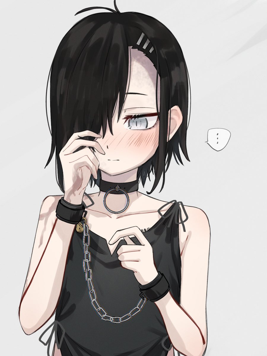 1girl, blue_eyes, blush, breasts, chisato_(hentai_prison), collar, covering_one_eye, cuffs