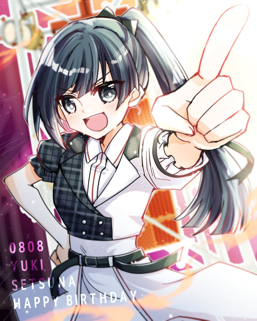 1girl, asymmetrical_clothes, black_gloves, black_hair, blush, character_name, cherry_bomb_(love_live!), commentary_request