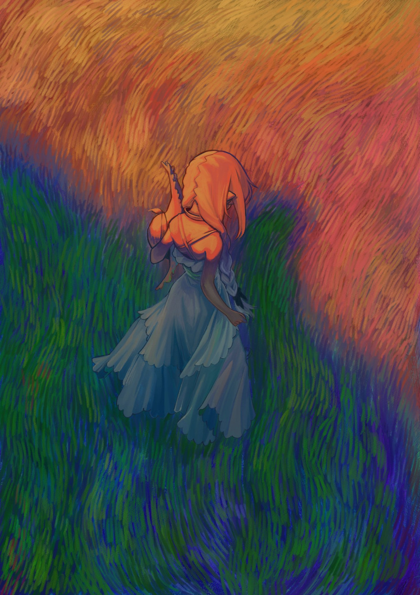 1girl, backless_dress, backless_outfit, braid, colored_shadow, dress, facing_away, facing_down