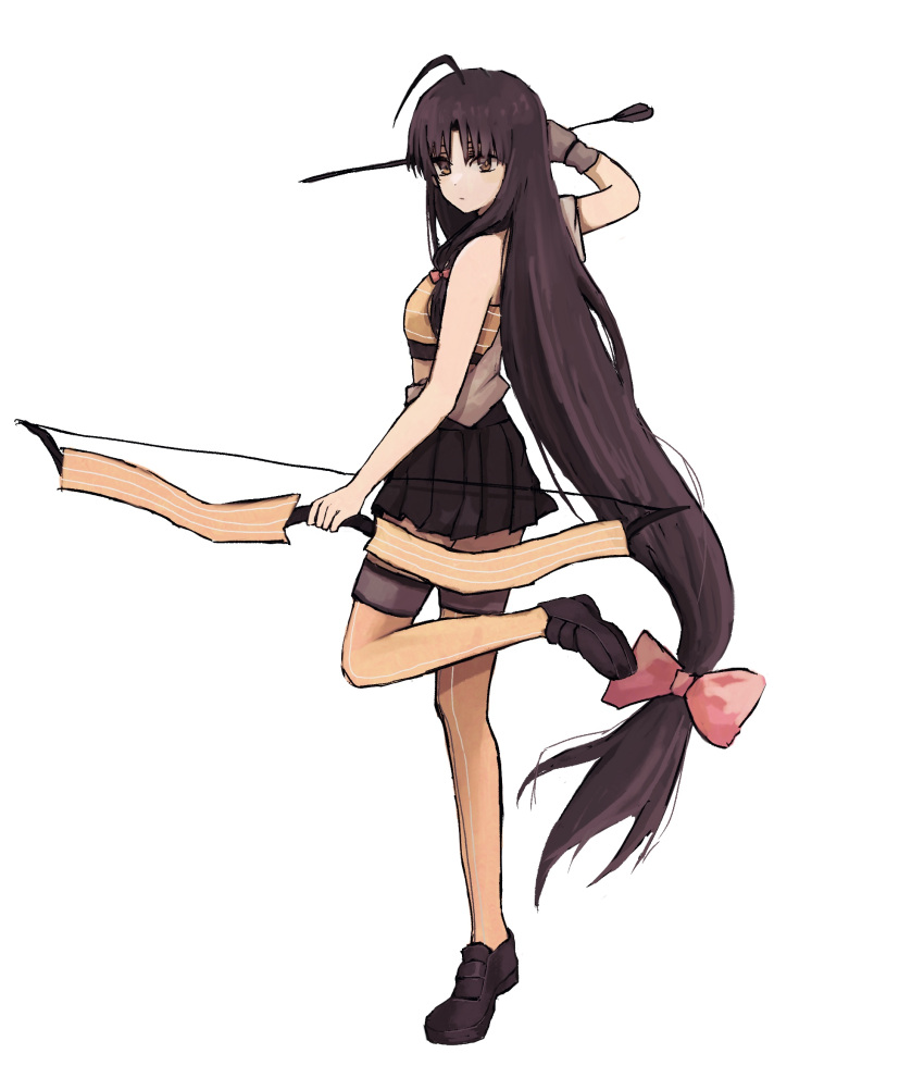 1girl, ahoge, arrow_(projectile), bandeau, black_hair, black_hakama, bow_(weapon), brown_eyes