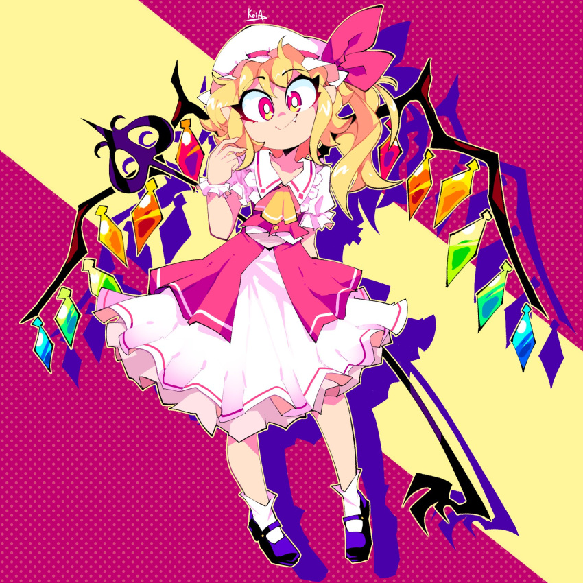1girl, black_footwear, blonde_hair, commentary, crystal_wings, english_commentary, flandre_scarlet, full_body